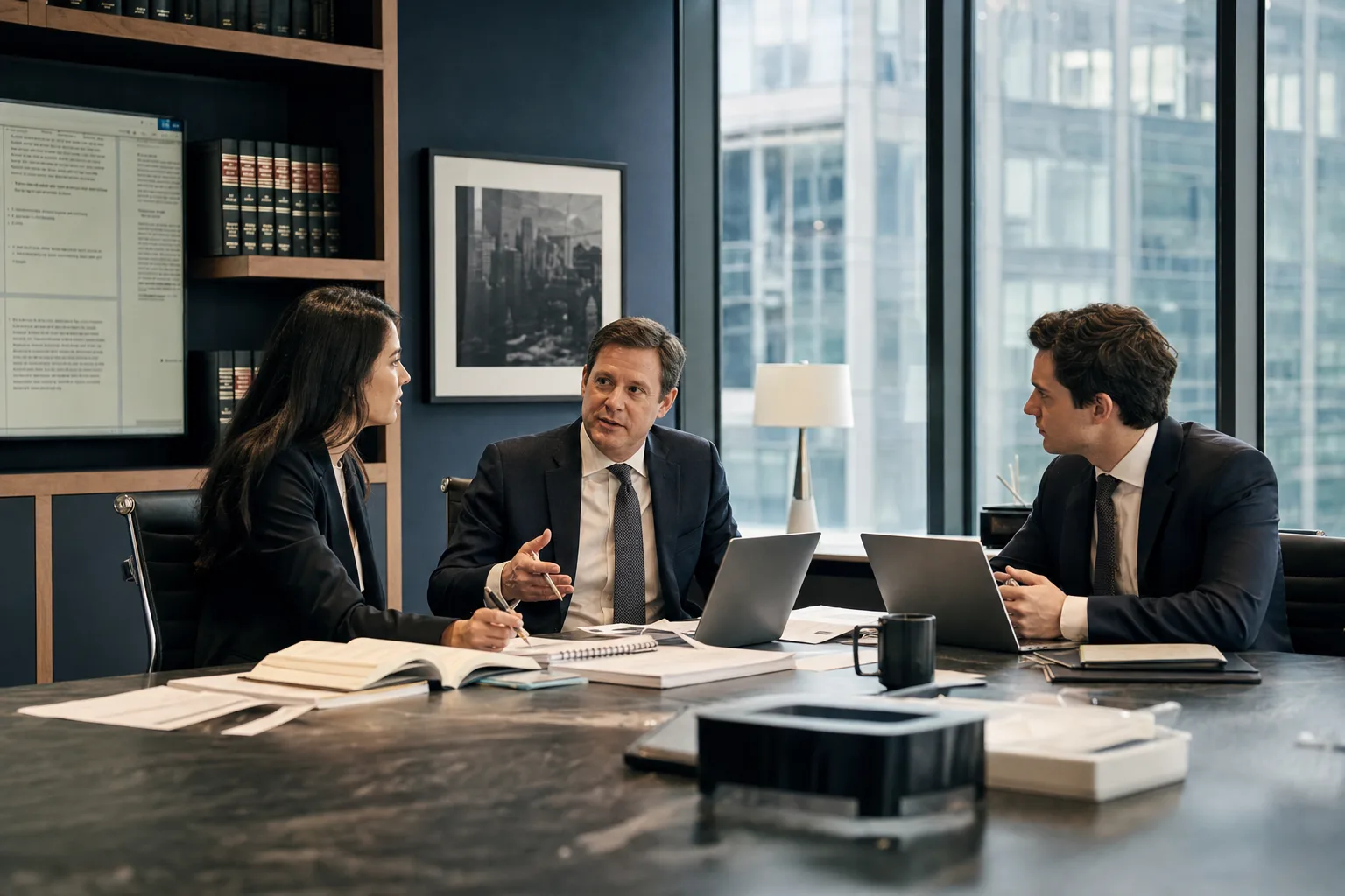 A senior partner and two associates in conversation around a conference table at a modern law or consulting firm, with document workspaces visible on a laptop.